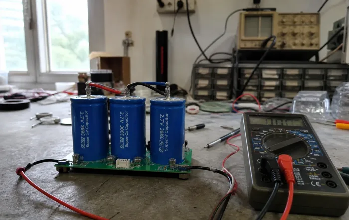 supercapacitor UPS backup module - engineer testing supercapacitor cells on workbench